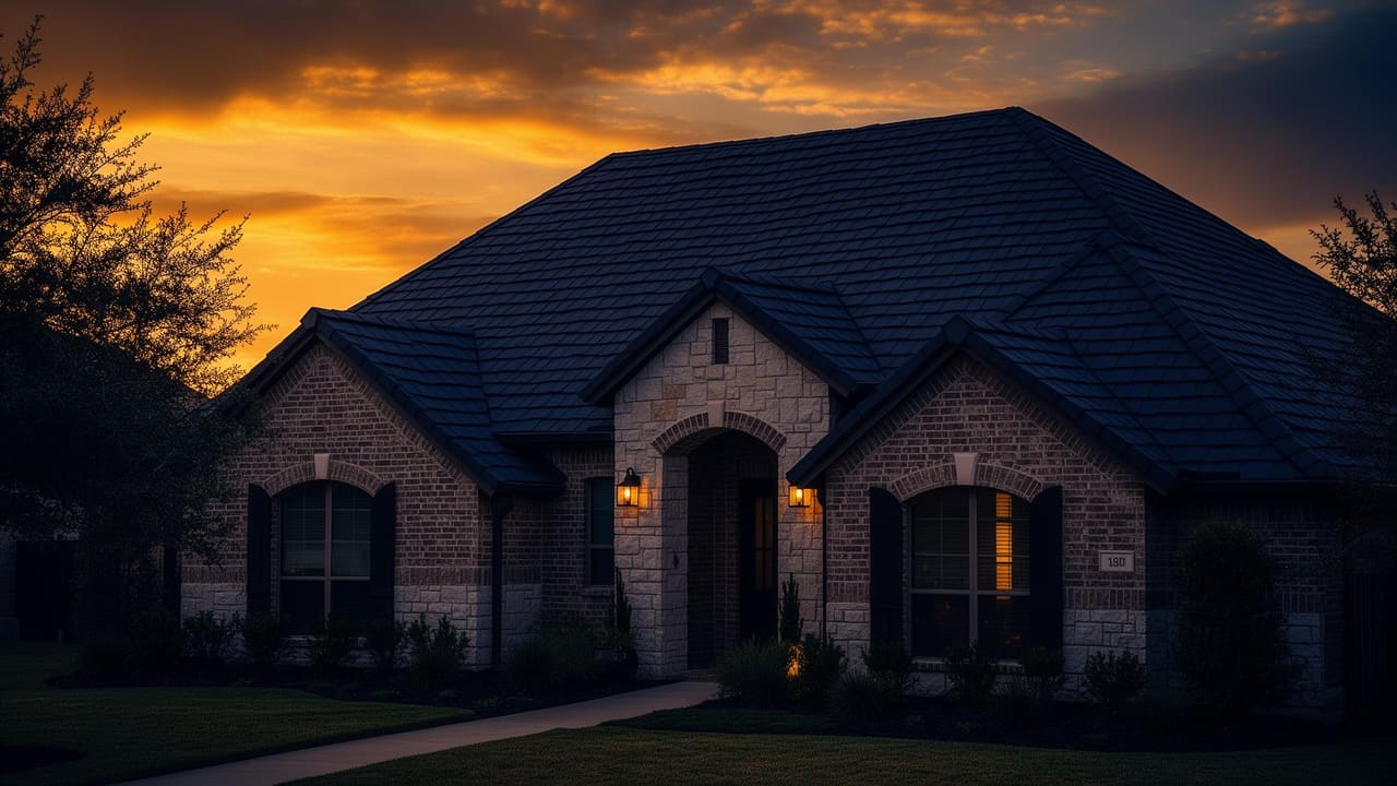 Beautiful Texas home with a new roof at sunset